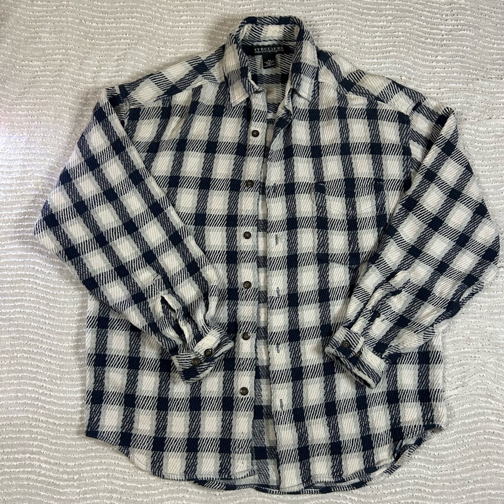 Structure Men’s Medium Unisex Plaid Flannel Shirt White Navy Long Sleeve